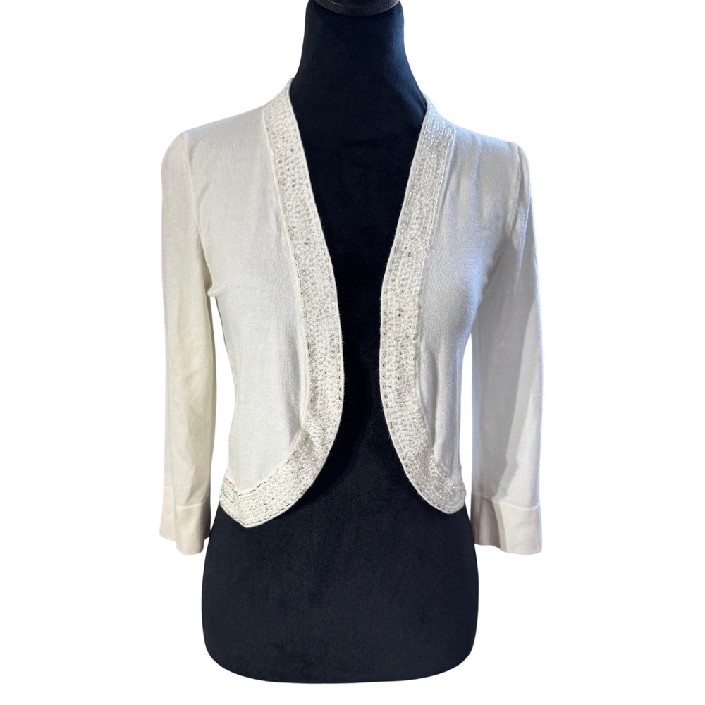 Jessica Howard Ivory Beaded Shrug Cardigan White Bolero Medium *FLAW